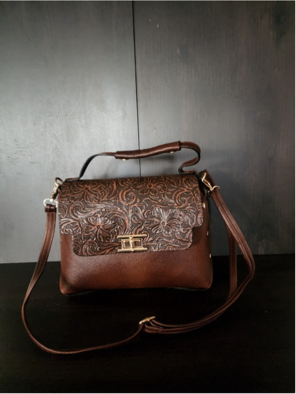 Pecan Brown Floral Studded Embossed Artisan LEATHER Purse Handbag Crossbody - Picture 9 of 15